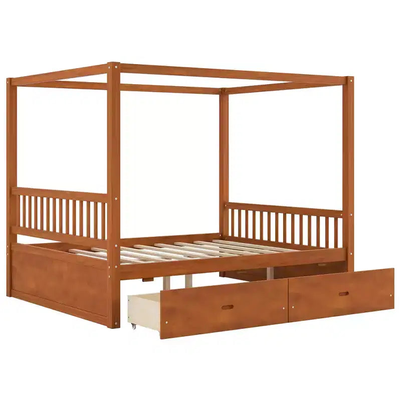 Polibi Rustic Wooden Canopy Bed with Storage Drawers