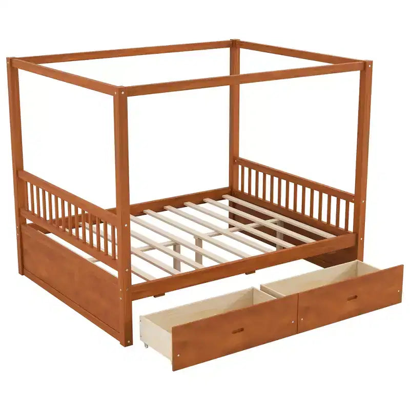 Polibi Rustic Wooden Canopy Bed with Storage Drawers
