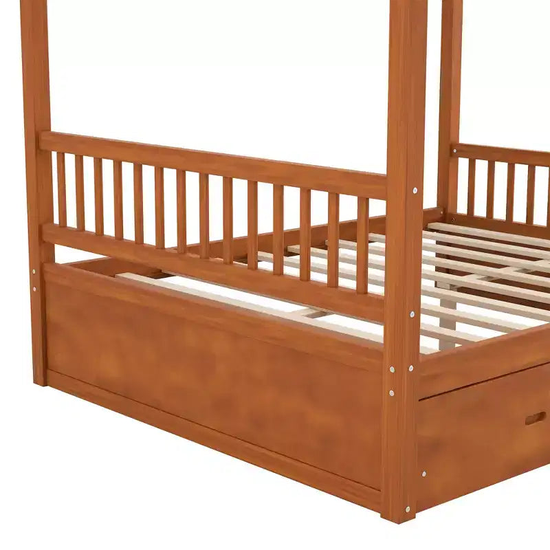 Polibi Rustic Wooden Canopy Bed with Storage Drawers