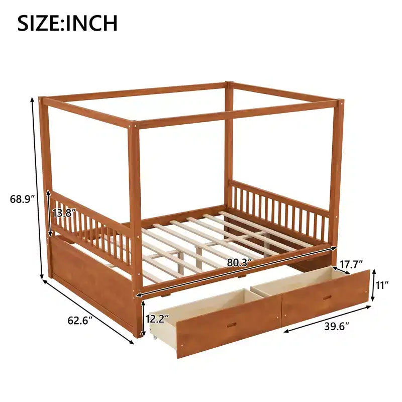 Polibi Rustic Wooden Canopy Bed with Storage Drawers