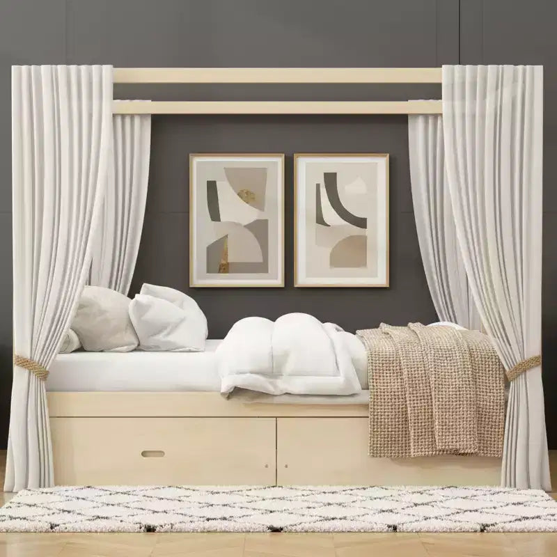 Polibi Rustic Wooden Canopy Bed with Storage Drawers