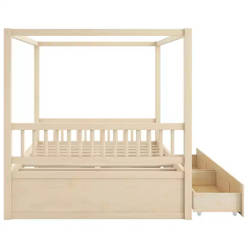 Polibi Rustic Wooden Canopy Bed with Storage Drawers