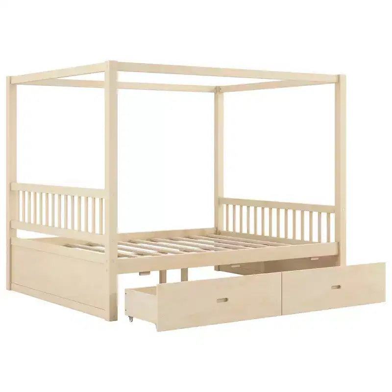 Polibi Rustic Wooden Canopy Bed with Storage Drawers