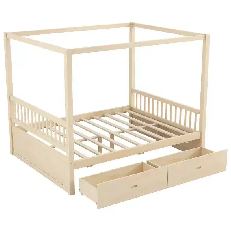 Polibi Rustic Wooden Canopy Bed with Storage Drawers