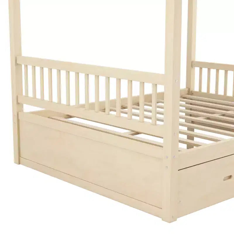 Polibi Rustic Wooden Canopy Bed with Storage Drawers