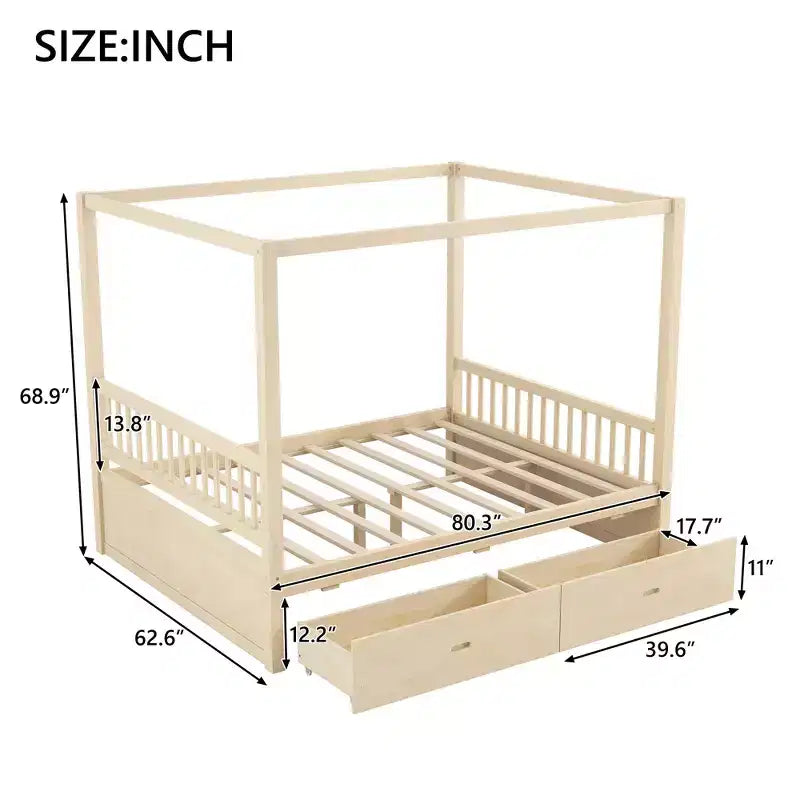 Polibi Rustic Wooden Canopy Bed with Storage Drawers
