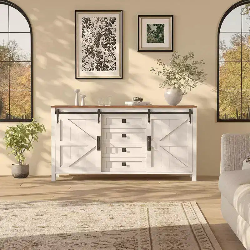 60 Farmhouse Sideboard Buffet Cabinet with Sliding Barn Doors & 4 Drawers, Kitchen Cabinet with Storage for Dining Room, Coffee Bar