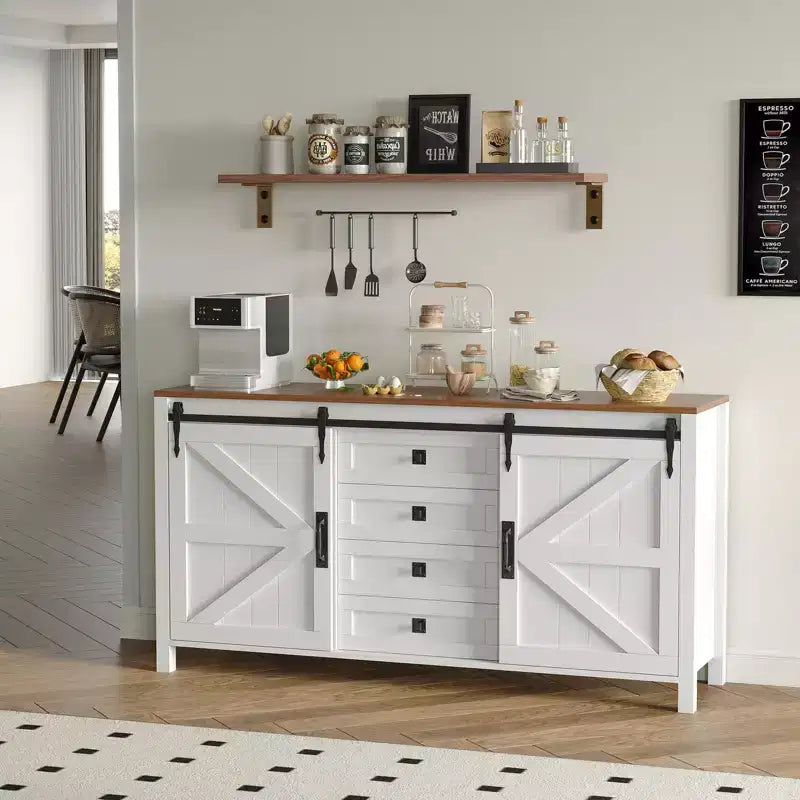 60 Farmhouse Sideboard Buffet Cabinet with Sliding Barn Doors & 4 Drawers, Kitchen Cabinet with Storage for Dining Room, Coffee Bar