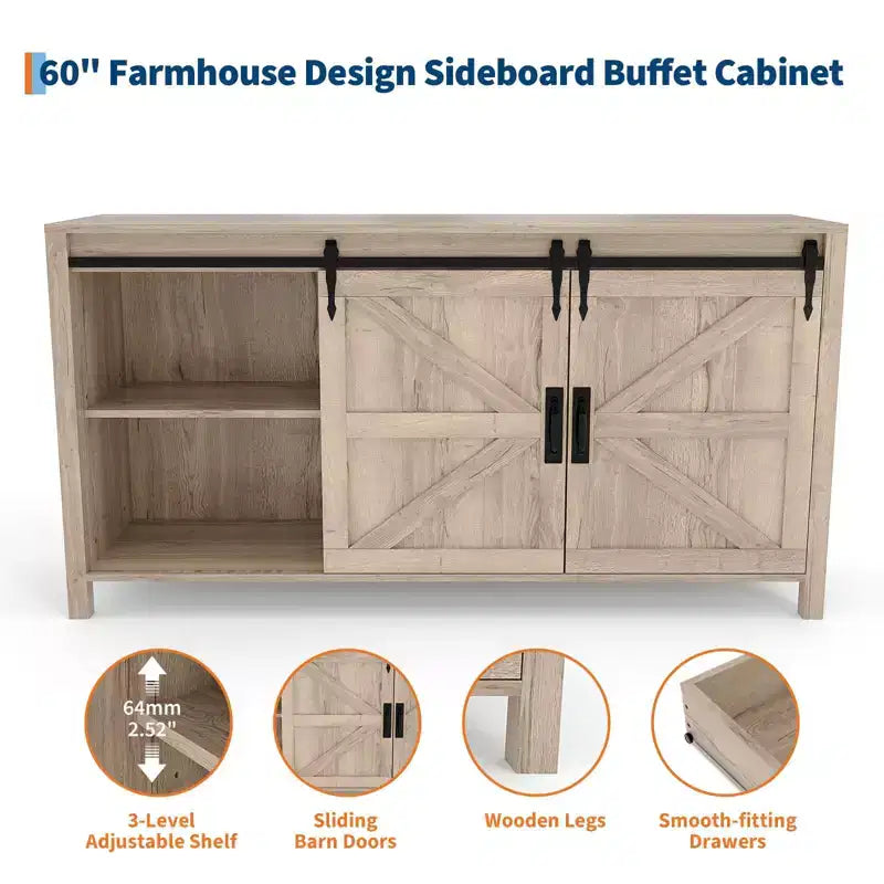 60 Farmhouse Sideboard Buffet Cabinet with Sliding Barn Doors & 4 Drawers, Kitchen Cabinet with Storage for Dining Room, Coffee Bar
