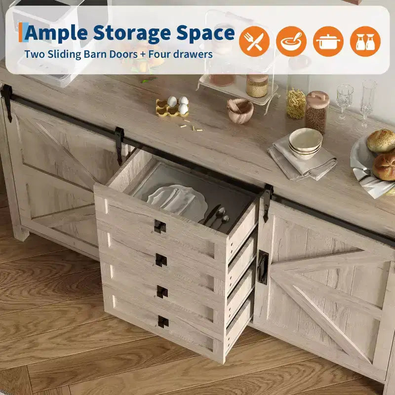 60 Farmhouse Sideboard Buffet Cabinet with Sliding Barn Doors & 4 Drawers, Kitchen Cabinet with Storage for Dining Room, Coffee Bar