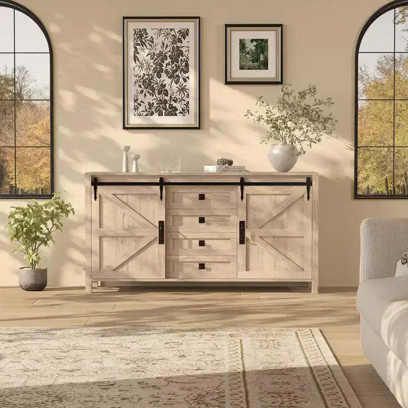 60 Farmhouse Sideboard Buffet Cabinet with Sliding Barn Doors & 4 Drawers, Kitchen Cabinet with Storage for Dining Room, Coffee Bar