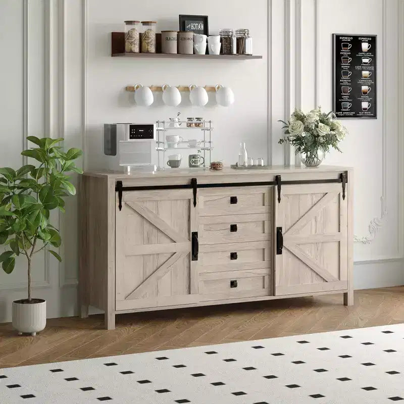 60 Farmhouse Sideboard Buffet Cabinet with Sliding Barn Doors & 4 Drawers, Kitchen Cabinet with Storage for Dining Room, Coffee Bar