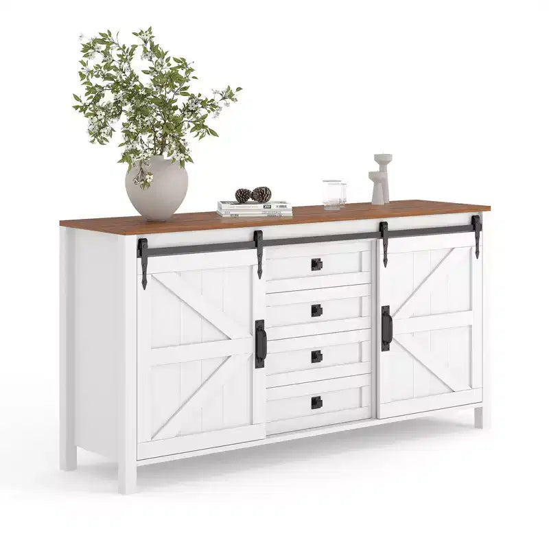 60 Farmhouse Sideboard Buffet Cabinet with Sliding Barn Doors & 4 Drawers, Kitchen Cabinet with Storage for Dining Room, Coffee Bar