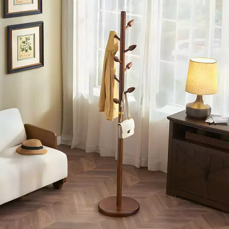 Bekrvio Wooden Freestanding Coat Rack with 8 Bud-shaped Hooks, Stable Round Base, Heavy Duty Wood Coat Tree Stand for Hallway Entryway, Brown