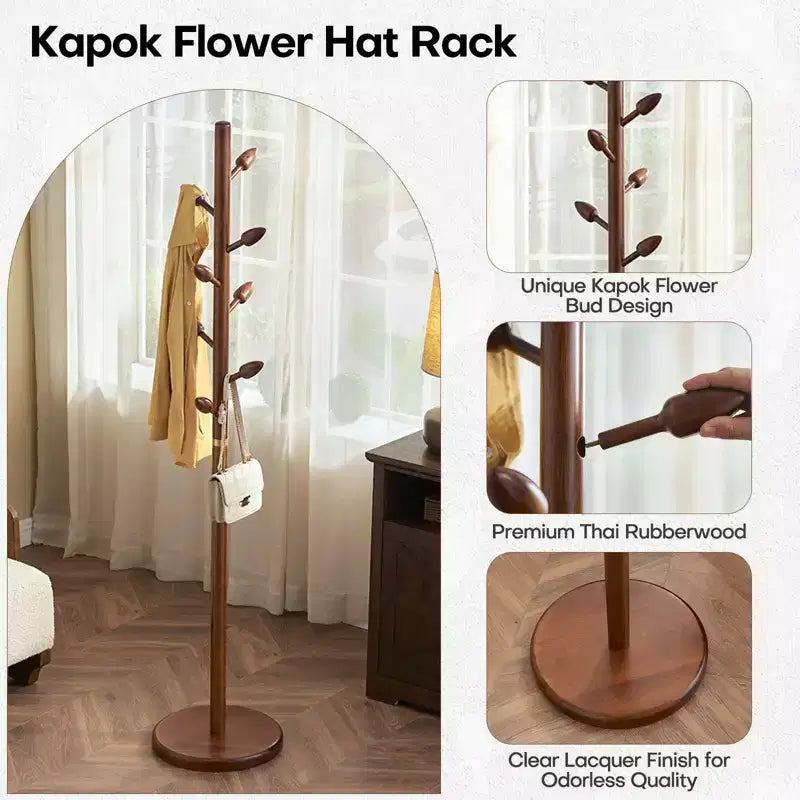 Bekrvio Wooden Freestanding Coat Rack with 8 Bud-shaped Hooks, Stable Round Base, Heavy Duty Wood Coat Tree Stand for Hallway Entryway, Brown