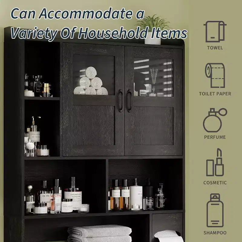 Adjustable Over Toilet Bathroom Storage Cabinet, Glass Door & Sliding Barn Doors, Above Toilet Storage with Anti-Tip Kit for Laundry Room, Bathroom