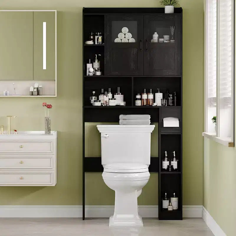 Adjustable Over Toilet Bathroom Storage Cabinet, Glass Door & Sliding Barn Doors, Above Toilet Storage with Anti-Tip Kit for Laundry Room, Bathroom