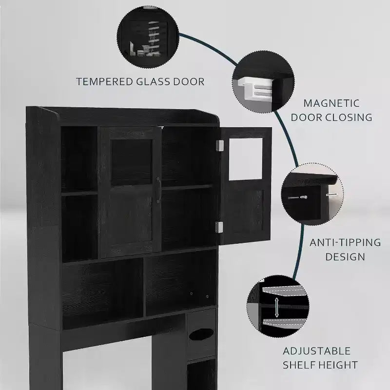 Adjustable Over Toilet Bathroom Storage Cabinet, Glass Door & Sliding Barn Doors, Above Toilet Storage with Anti-Tip Kit for Laundry Room, Bathroom