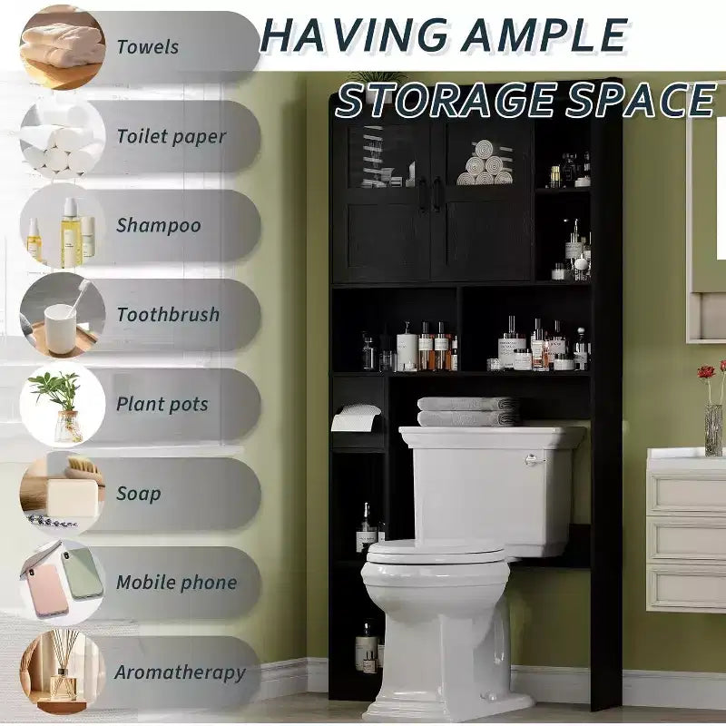 Adjustable Over Toilet Bathroom Storage Cabinet, Glass Door & Sliding Barn Doors, Above Toilet Storage with Anti-Tip Kit for Laundry Room, Bathroom