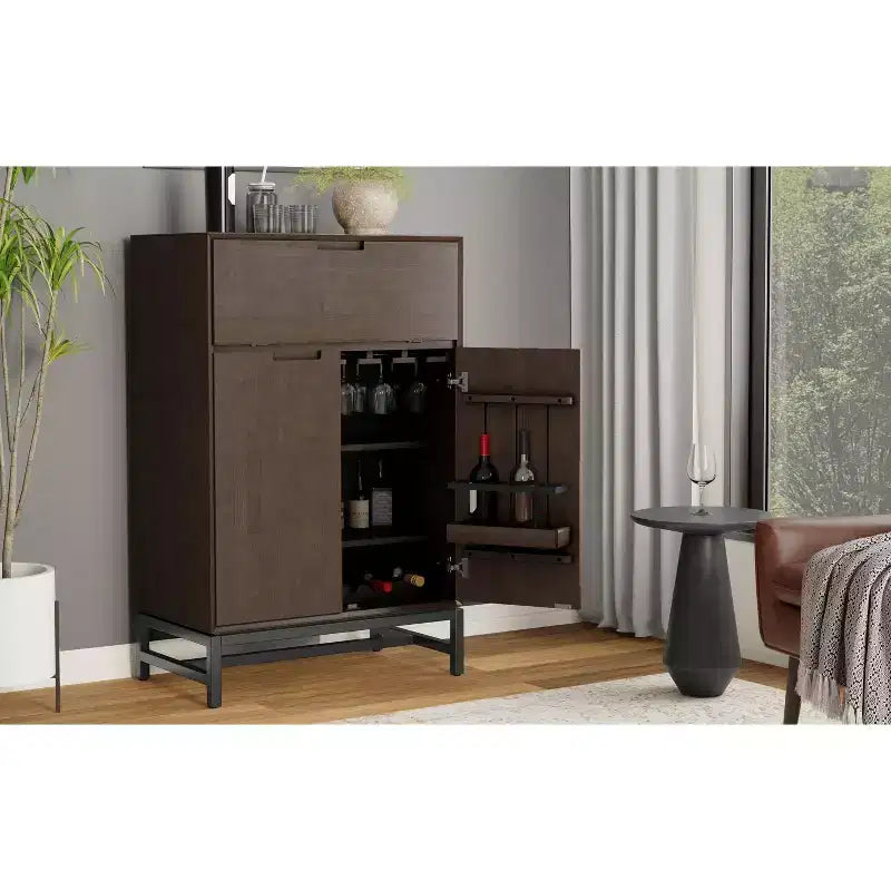 Devlin SOLID HARDWOOD 32 inch Wide Rectangle Modern Industrial Bar Cabinet in Walnut Brown