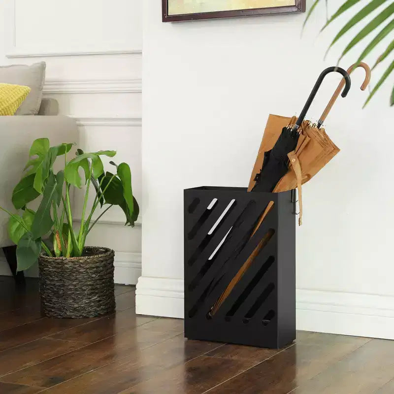 SONGMICS Metal Umbrella Stand, Rectangular Umbrella Holder Rack, with a Removable Drip Tray, 4 Hooks, Hollow-Out Design, for Entryway, Office, Black