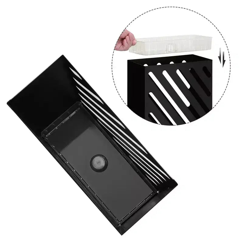 SONGMICS Metal Umbrella Stand, Rectangular Umbrella Holder Rack, with a Removable Drip Tray, 4 Hooks, Hollow-Out Design, for Entryway, Office, Black