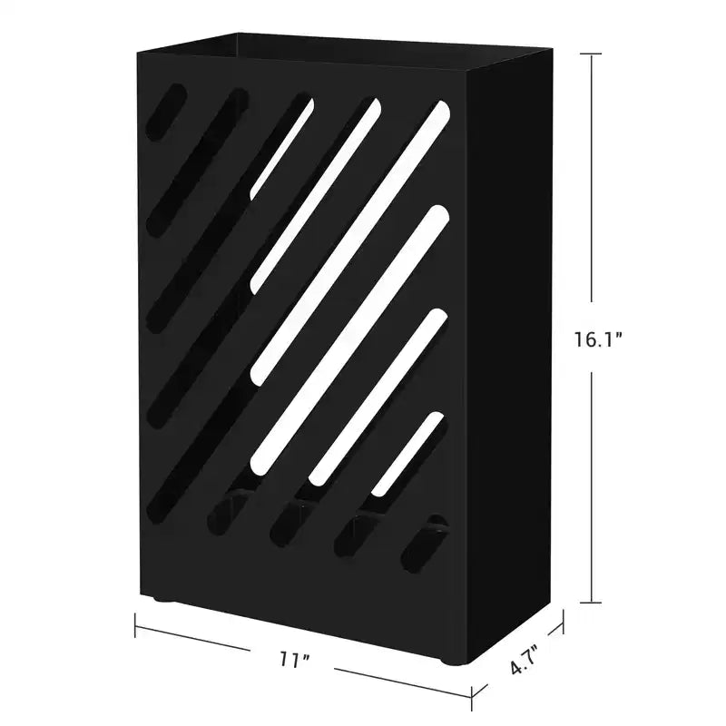 SONGMICS Metal Umbrella Stand, Rectangular Umbrella Holder Rack, with a Removable Drip Tray, 4 Hooks, Hollow-Out Design, for Entryway, Office, Black