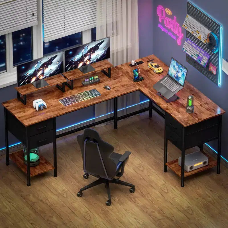 66 Inch Brown L Shaped Computer Desk with Charging Station 94.4 Inch Long Two Person Gaming Desk 4 Drawers 2 Monitor Stands Home Office Storage
