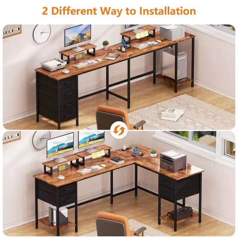 66 Inch Brown L Shaped Computer Desk with Charging Station 94.4 Inch Long Two Person Gaming Desk 4 Drawers 2 Monitor Stands Home Office Storage