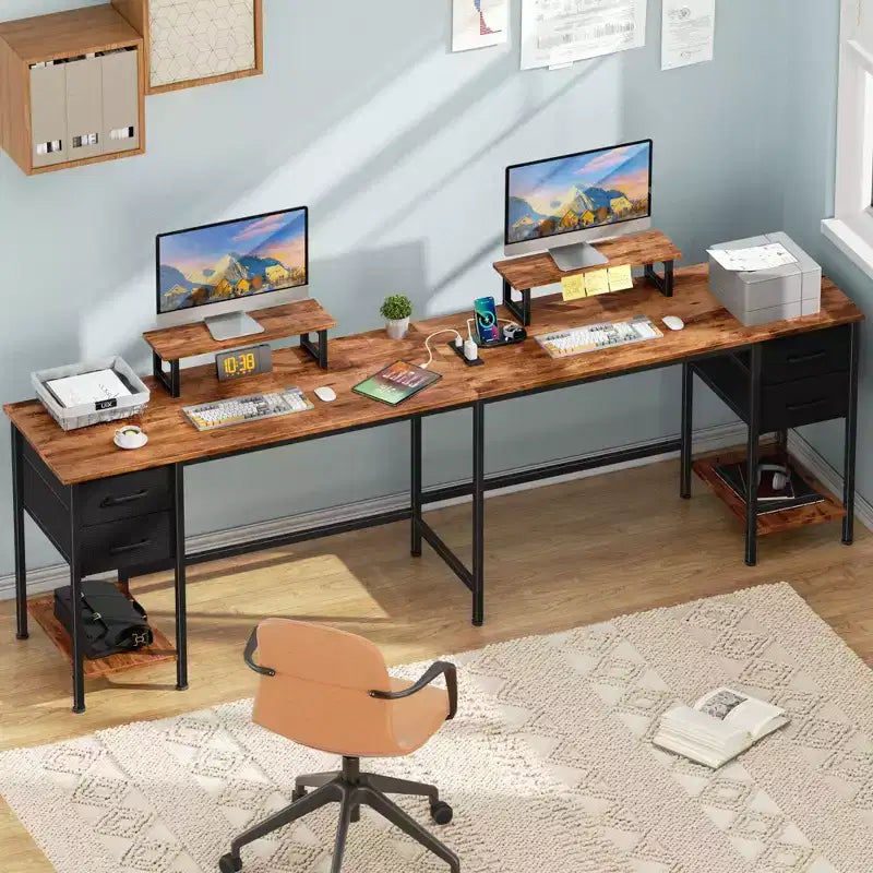 66 Inch Brown L Shaped Computer Desk with Charging Station 94.4 Inch Long Two Person Gaming Desk 4 Drawers 2 Monitor Stands Home Office Storage