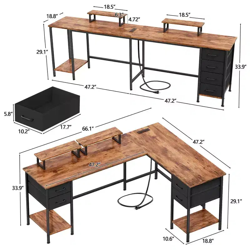 66 Inch Brown L Shaped Computer Desk with Charging Station 94.4 Inch Long Two Person Gaming Desk 4 Drawers 2 Monitor Stands Home Office Storage