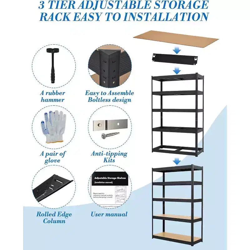 5-Tier Heavy Duty Metal Shelving Unit, Adjustable Garage Storage Rack 2000 lbs Capacity for Garage Warehouse Basement