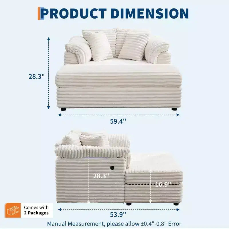 60 Oversized Chaise Lounge with USB/Type-C - Corduroy Sofa Bed with Wide Armrests for Living Room
