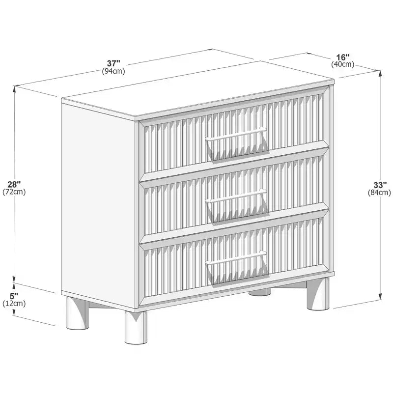 Sera Fluted 3 Drawer Dresser with Brass Handle