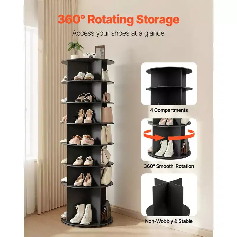 VEVOR 7Tiers Rotating Shoe Rack Tower,360Spinning Shoe Rack,Revolving Storage Round Carousel Display,Freestanding Lazy Susan Organizer Display,Black
