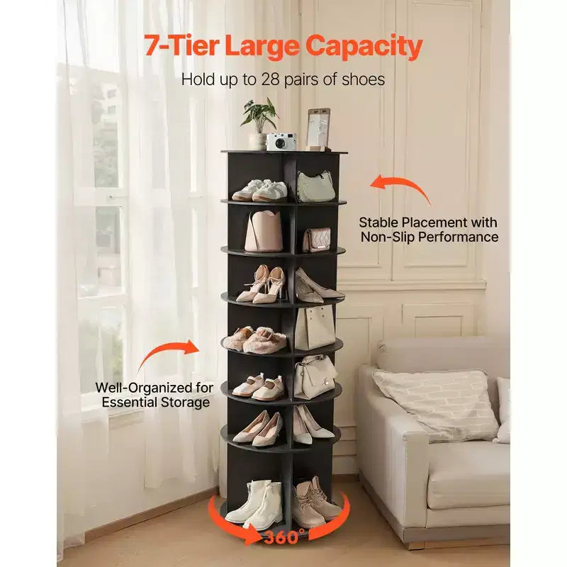 VEVOR 7Tiers Rotating Shoe Rack Tower,360Spinning Shoe Rack,Revolving Storage Round Carousel Display,Freestanding Lazy Susan Organizer Display,Black