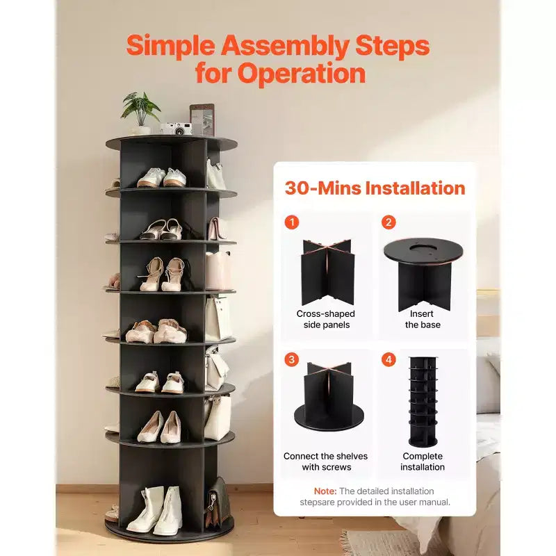 VEVOR 7Tiers Rotating Shoe Rack Tower,360Spinning Shoe Rack,Revolving Storage Round Carousel Display,Freestanding Lazy Susan Organizer Display,Black
