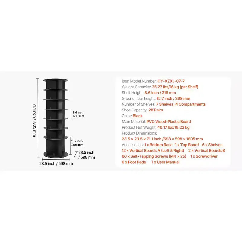 VEVOR 7Tiers Rotating Shoe Rack Tower,360Spinning Shoe Rack,Revolving Storage Round Carousel Display,Freestanding Lazy Susan Organizer Display,Black