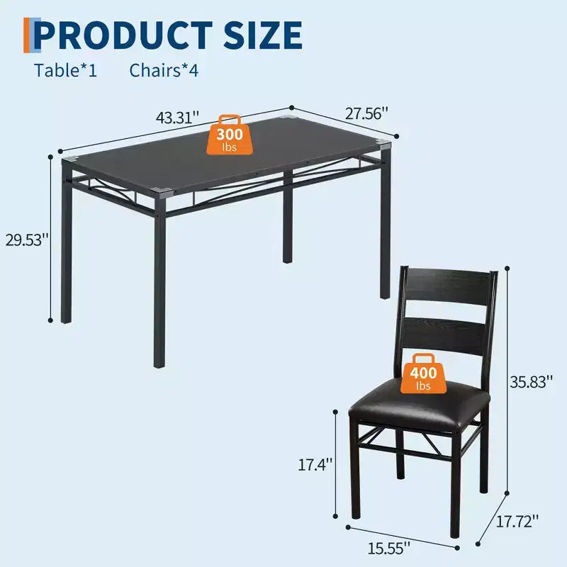 Black MDF & Metal Dining Table Set  Space-Saving for Small Spaces, Choose 4-Piece (1 Table + 4 Chairs) or 2-Piece (1 Table + 2 Chairs)