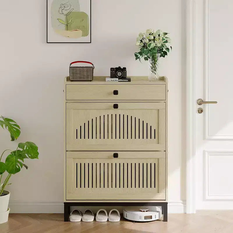 2-Door Flip Front Shoe Cabinet with Adjustable Shelves, Hidden Entryway Storage Organizer for Hallway, Living Room  Freestanding Wooden Shoe Rack