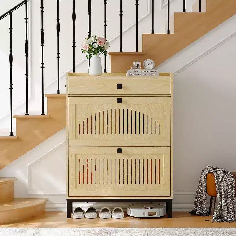 2-Door Flip Front Shoe Cabinet with Adjustable Shelves, Hidden Entryway Storage Organizer for Hallway, Living Room  Freestanding Wooden Shoe Rack