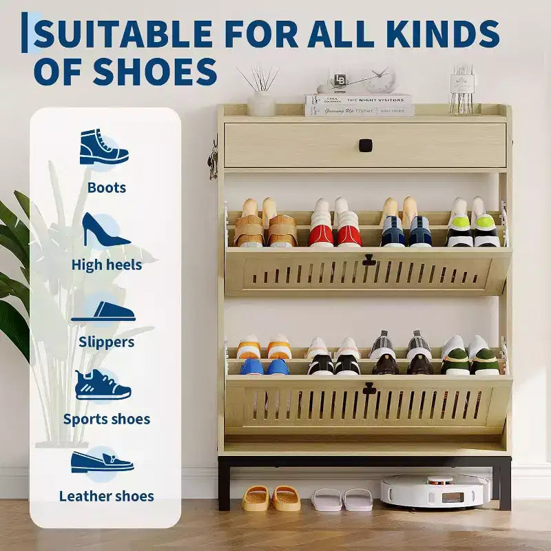 2-Door Flip Front Shoe Cabinet with Adjustable Shelves, Hidden Entryway Storage Organizer for Hallway, Living Room  Freestanding Wooden Shoe Rack