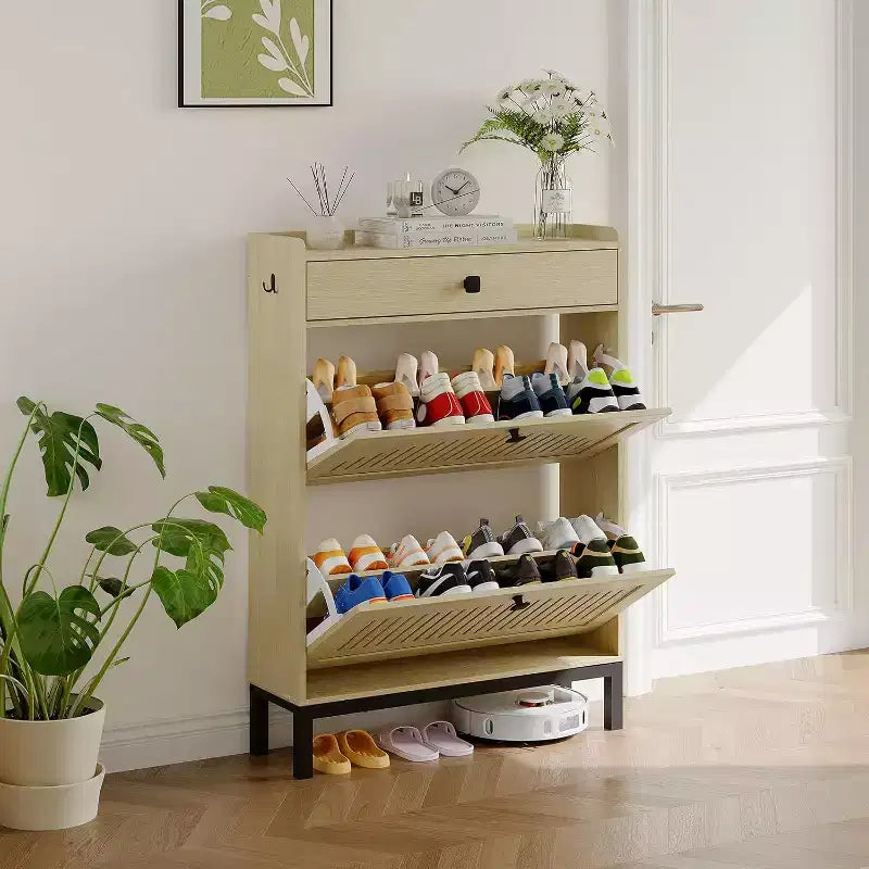2-Door Flip Front Shoe Cabinet with Adjustable Shelves, Hidden Entryway Storage Organizer for Hallway, Living Room  Freestanding Wooden Shoe Rack