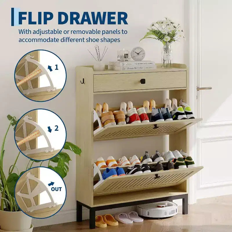 2-Door Flip Front Shoe Cabinet with Adjustable Shelves, Hidden Entryway Storage Organizer for Hallway, Living Room  Freestanding Wooden Shoe Rack