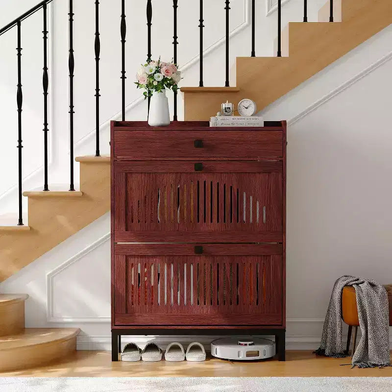 2-Door Flip Front Shoe Cabinet with Adjustable Shelves, Hidden Entryway Storage Organizer for Hallway, Living Room  Freestanding Wooden Shoe Rack
