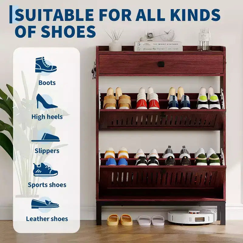 2-Door Flip Front Shoe Cabinet with Adjustable Shelves, Hidden Entryway Storage Organizer for Hallway, Living Room  Freestanding Wooden Shoe Rack