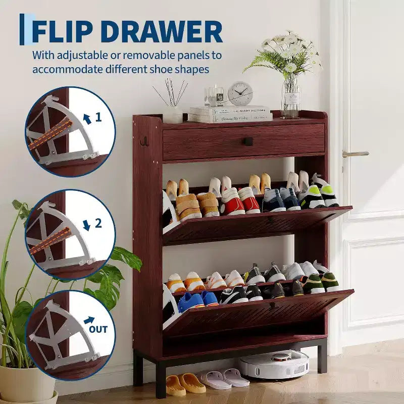 2-Door Flip Front Shoe Cabinet with Adjustable Shelves, Hidden Entryway Storage Organizer for Hallway, Living Room  Freestanding Wooden Shoe Rack