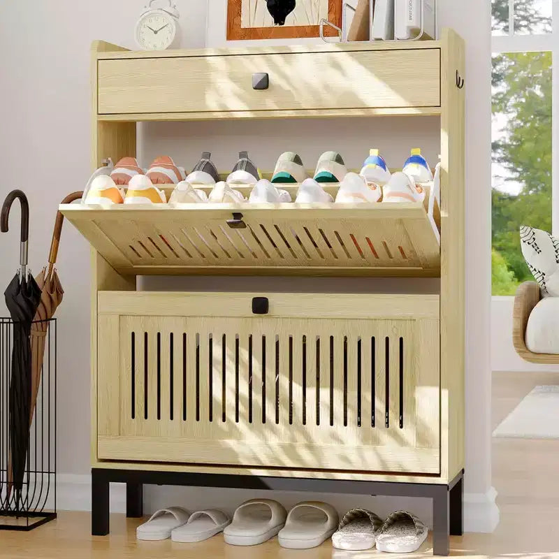 2-Door Flip Front Shoe Cabinet with Adjustable Shelves, Hidden Entryway Storage Organizer for Hallway, Living Room  Freestanding Wooden Shoe Rack