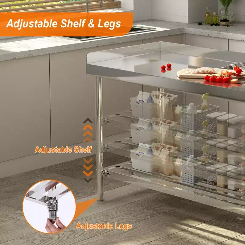 COZONY 24x48 Stainless Steel Work Table with Backsplash, Heavy Duty Commercial Food Prep Table with Adjustable Undershelf