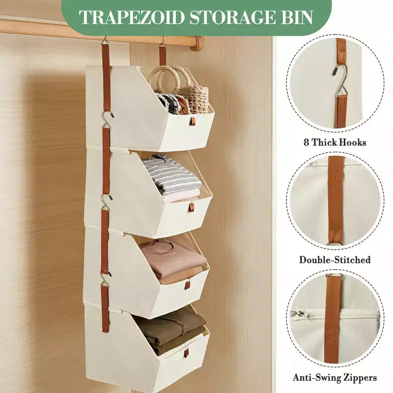 4-Tier Hanging Closet Organizer, Non-Woven Fabric, Detachable Modular Design with Hooks, for Wardrobe Dorm RV, Space-Saving Home Organizer